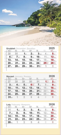 KALENDARZ ŚCIENNY TRÓJDZIELNY Z NUMERACJĄ TYGODNI RAJSKA PLAŻA 2026 ROK