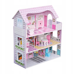 DREWNIANY DOMEK DLA LALEK Z BALKONEM MEBELKI