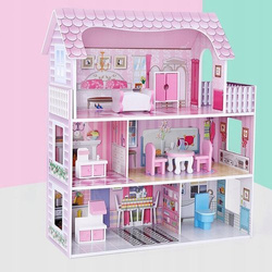 DREWNIANY DOMEK DLA LALEK Z BALKONEM MEBELKI