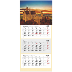 KALENDARZ ŚCIENNY TRÓJDZIELNY Z NUMERACJĄ TYGODNI ZAMEK W BAWARII 2026 ROK