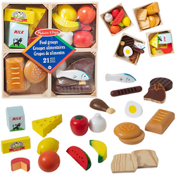 ZABAWKI DREWNIANE JEDZENIE OWOCE WARZYWA SERY PIECZYWO NABIAŁ W SKRZYNKACH