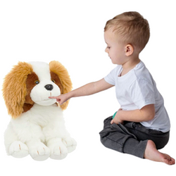 MASKOTKA PIESEK PLUSZAK SIEDZĄCY BIAŁO-BRĄZOWY PRZYTULANKA MIĘCIUTKI 28 cm