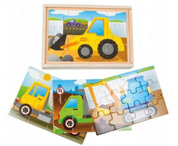UKŁADANKA DREWNIANA PUZZLE 4W1 POJAZDY BUDOWLANE