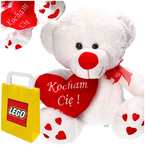 DUŻY PLUSZOWY MIŚ Z SERCEM 27cm WALENTYNKI DZIEŃ KOBIET + TOREBKA LEGO
