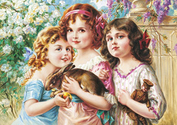 PUZZLE TRZY DZIEWCZYNKI OBRAZ ZAJĄCZEK KWIATY DZIECI  500 EL CASTORLAND