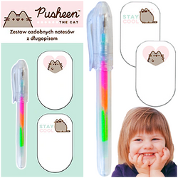 PUSHEEN KOTEK KARTECZKI SAMOPRZYLEPNE NOTESY 2 szt. + DŁUGOPIS TĘCZOWY