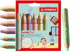 KREDKI OŁÓWKOWE WOODY 3w1 6 KOLORÓW PASTELOWE + TEMPERÓWKA STABILO