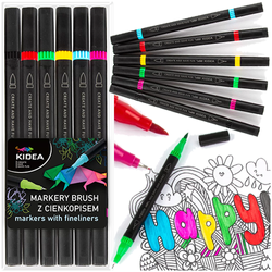 MARKERY BRUSH Z CIEKOPISEM DWUSTRONNE PRECYZYJNA KOŃCÓWKA 6 kolorów KIDEA
