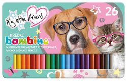 KREDKI BAMBINO 26 KOL W DREWNIE METALOWE PUDEŁKO KOTEK PIESEK LITTLE FREND
