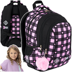 PLECAK SZKOLNY TRZYKOMOROWY LEKKI 20L ST.RIGHT BP-26 RÓŻOWA SZACHOWNICA