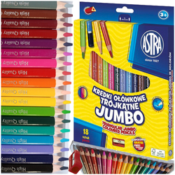 KREDKI OŁÓWKOWE ASTRA GRUBE JUMBO TRÓJKĄTNE 18 KOLORÓW SZKOLNE + TEMPERÓWKA