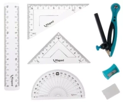 ZESTAW GEOMETRYCZNY 8 ELEMENTÓW CYRKIEL LINIJKA EKIERKA KĄTOMIERZ MAPED