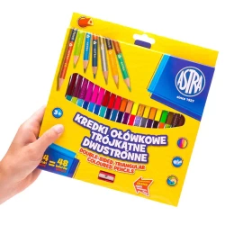 KREDKI OŁÓWKOWE ASTRA TRÓJKĄTNE DWUSTRONNE Z TEMPERÓWKĄ 24/48 ŻYWYCH KOL.