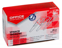 SPINACZE BIUROWE TRÓJKĄTNE OFFICE PRODUCTS 28mm SREBRNE 100 SZTUK