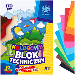 BLOK TECHNICZNY KOLOROWY A3 10 ARKUSZY 170g SZKOLNY PLASTYKA ASTRA