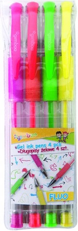 DŁUGOPISY ŻELOWE GIMBOO FLUO 4 KOLORY WODOODPORNE 0.5 mm GUMOWY UCHWYT