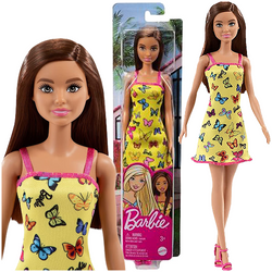 LALKA BARBIE PLAŻOWA ŻÓŁTA SUKIENKA W MOTYLKI DŁUGIE BRĄZOWE WŁOSY 30cm