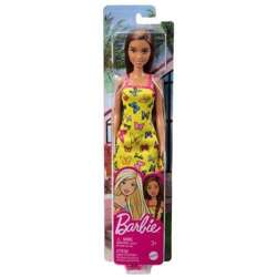 LALKA BARBIE PLAŻOWA ŻÓŁTA SUKIENKA W MOTYLKI DŁUGIE BRĄZOWE WŁOSY 30cm