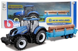 TRAKTOR METALOWY NEW HOLLAND Z PRZYCZEPĄ Z DREWNEM POJAZD BBURAGO 1/32