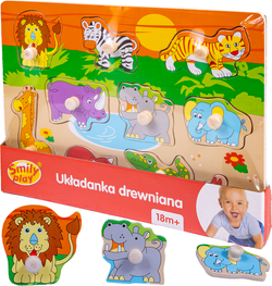 UKŁADANKA DREWNIANA PUZZLE Z UCHWYTAMI ZWIERZĄTKA ZOO SAFARI SMILY PLAY