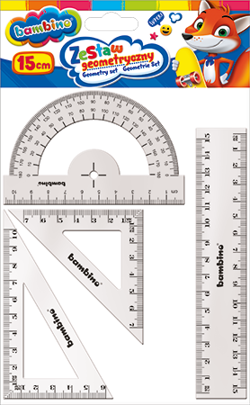 ZESTAW GEOMETRYCZNY BAMBINO 4w1 LINIJKA 15 CM EKIERKA KĄTOMIERZ