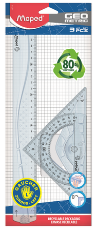 ZESTAW GEOMETRYCZNY DLA LEWORĘCZNYCH 3 EL. LINIJKA EKIERKA KĄTOMIERZ MAPED